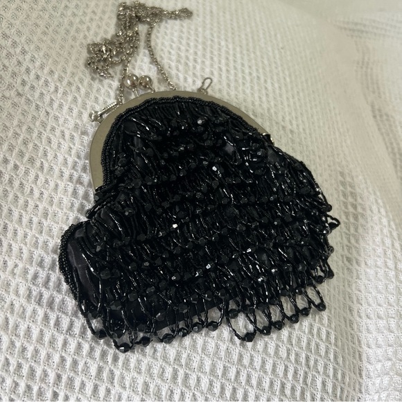 Vintage Bijoux Terner black beaded evening handbag shoulder bag kiss lock silver - Picture 10 of 14